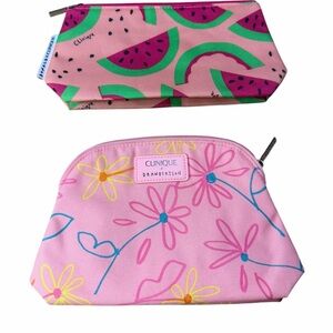 Clinique Cosmetic Pouches with Pink Floral and Watermelon Designs Set of 2